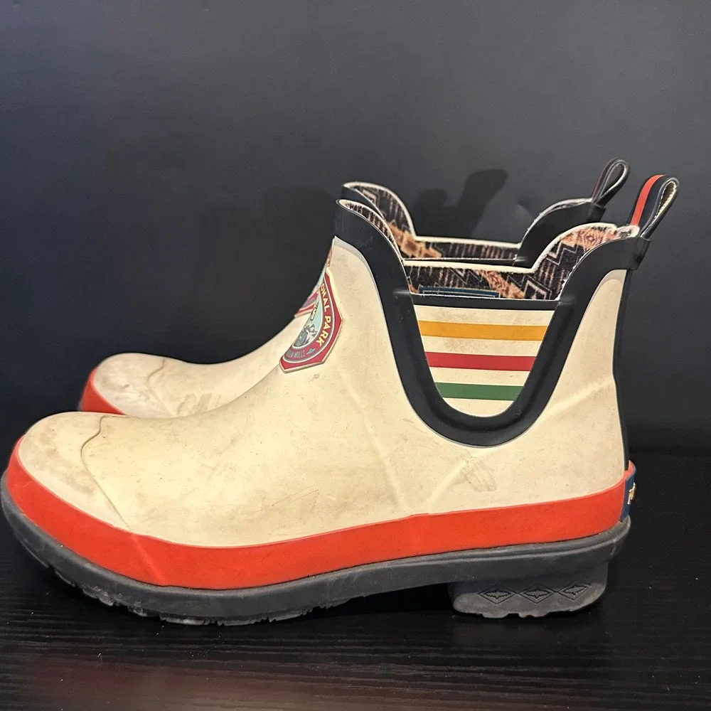 Pendleton Glacier National Park Rain Boots White Orange Stripe Chelsea Womens‎ 7